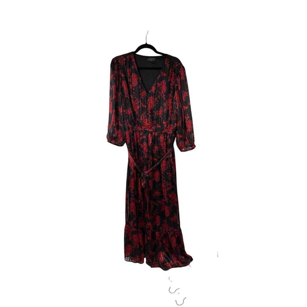Lane Bryant Lurex Shimmer Shirred-Shoulder Maxi Dress Red Black Floral Womens 16